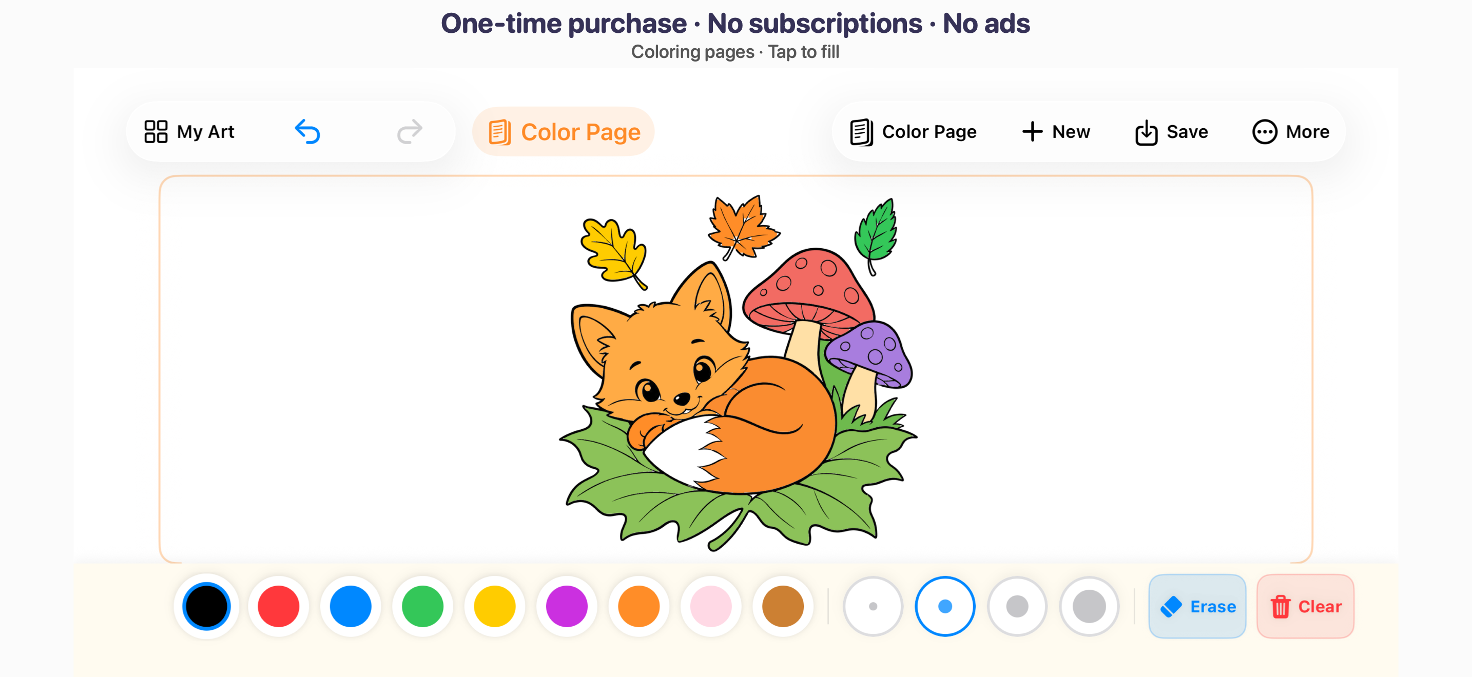 An orange fox colored in the app using tap-to-fill coloring